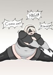 1girls adrianatoms bbw belly big_belly big_breasts blindfold breasts chubby clothed clothing english_text exercise exercising fat female female_only hairband huge_belly huge_breasts light-skinned_female light_skin nier nier:_automata overweight short_hair solo solo_female stretching text thick_thighs thighhighs white_hair yorha_2b