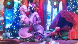 2girls 3d blizzard_entertainment blush christmas draenei glasses huge_ass huge_breasts kissing lidcarter original_character pink_hair pink_skin stockings warcraft winter_veil world_of_warcraft yuri zefia