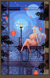 1girls akiranime ass barefoot big_breasts breasts catgirl chinese_lantern cityscape completely_nude completely_nude_female female female_only full_body huge_breasts long_hair naked naked_female neko nude nude_female pixel_art solo solo_female