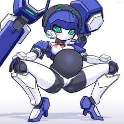 1girls android blazermate blush breasts female female_only highres joints looking_at_viewer mechanical_arms mechanical_legs medarot medium_breasts nepgalle nipples panties pregnant robot robot_girl robot_joints simple_background solo spread_legs squatting topless underwear white_background white_panties