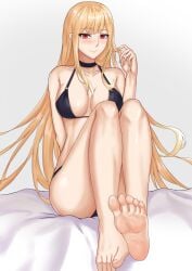 absurdres arm_behind_back bangs bare_legs bare_shoulders barefoot bed bikini black_bikini blonde_hair blush breasts closed_mouth collarbone feet female foot_fetish foot_focus freed_turing hand_in_own_hair highres human human_only kitagawa_marin legs long_hair looking_at_viewer medium_breasts red_eyes sitting smile soles solo sono_bisque_doll_wa_koi_wo_suru swimsuit toes white_background