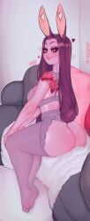 1girls 2d anthro ass female female_only florescentcolo2 heart hi_res leporid lingerie long_hair looking_at_viewer looking_back looking_back_at_viewer nevada_(florescentcolo) pink_skin purple_hair rabbit_ears rabbit_tail red_eyes rose_tattoo sitting smiling smiling_at_viewer solo stockings tattoo tattoo_on_shoulder