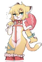 blonde_fur blonde_hair bow_ribbon canine christmas christmas_clothing christmas_outfit crayon1006 crayon_(artist) female female_only fur furry furry_breasts furry_ears furry_only furry_tail hairclips_(crayon) highres ribbons tagme teal_eyes white_fur