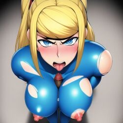 1boy 1boy1girl 1girls ai_generated angry angry_face blonde_hair blue_eyes breasts embarrassed exposed_nipples female male/female metroid paizuri penis_touching_breast samus_aran sex stable_diffusion tagme titjob torn_clothes zero_suit zero_suit_samus