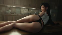 1girls 3d 3d_(artwork) ass ass ass_focus back back_view bare_legs black_hair blender blender_(software) bubble_ass bubble_butt butt_focus cheeks earrings eye_contact eyebrows female female female_focus female_only final_fantasy final_fantasy_vii final_fantasy_vii_remake large_ass large_butt leeterr legs legs_together long_legs looking_at_viewer looking_back no_skirt panties red_eyes shirt solo solo_female square_enix tied_hair tifa_lockhart very_long_hair wallpaper