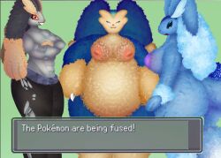 absurd_res anthro ass big_breasts blue_body breasts digital_media_(artwork) eeveelution eye_contact female fluffy fluffy_tail fur fusion generation_1_pokemon generation_4_pokemon group hi_res humanoid hybrid looking_at_another looking_at_viewer lopunny machamp machunny muscular muscular_female nintendo nipples nude open_mouth overweight pokemon pokemon_(species) pokemon_fusion pokemon_infinite_fusion simple_background smile snorlax snorpunny tail text trio vaporeon vaporunny xenolith0