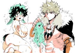 1boy 1girls adult_swim ass ass_cheeks big_breasts bunny bunny_ears bunny_tail female female_deku holding_own_breast izuku_midoriya katsuki_bakugou mrtm0102 my_hero_academia nude_female rabbit_ears rabbit_tail rule_63 sideboob toonami