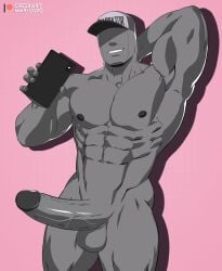 balls bara baseball_cap big_balls big_penis boner cresxart erection eyeless grey_body hand_behind_head male male_only monster_prom muscles muscular narrator_(monster_prom) no_eyes nude penis phone solo solo_male