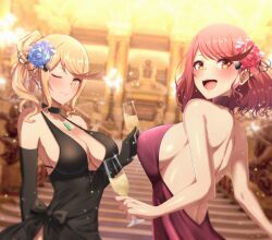 2girls back backless_dress black_dress blonde_hair breasts choker core_crystal dress earrings elbow_gloves evening_gown flower flower_in_hair gloves hair_bun holding_glass large_breasts looking_at_viewer looking_back mebi_il mythra nintendo no_bra pyra red_dress red_eyes red_hair short_hair side_slit sideboob wine wine_glass winking_at_viewer xenoblade_(series) xenoblade_chronicles_2 yellow_eyes