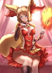 1girls animal_ears blonde_hair blue_eyes bow_dress braixen_(cosplay) breasts cosplay curtains dress fake_animal_ears fake_tail fire gloves holding_stick jojobirdz looking_at_viewer medium_breasts medium_hair multicolored_dress nintendo panties pokemon pokemon_(cosplay) pokemon_xy red_dress serena_(pokemon) sitting sitting_on_bed stick tail thighhighs upskirt white_panties yellow_dress