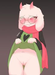 1girls 2020s 2021 anthro blush bodily_fluids bottomless caprine clothes_lift deltarune dress dress_lift female female_only floppy_ears fur furry furry_only genderswap_(mtf) glasses hi_res homurosk horns no_panties presenting presenting_pussy pussy pussy_juice pussy_juice_drip ralsei ralsei_(female) ralsei_with_white_fur red_eyes round_glasses rule_63 scarf smiling solo thigh_gap undertale_(series) white_fur young younger_female