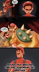 3boys artist_name bowser caught caught_in_the_act chains comic english_text gay haha_jonathan,_you_are_banging_my_daughter humor interspecies koopa luigi macchii male mario mario_(series) meme monster_cock multiple_boys text text_bubble