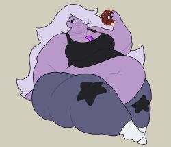 1girls amethyst_(steven_universe) belly big_breasts black_bra boots bra breasts chocco_pudding chubby chubby_female commission donut eating_food fat_woman female food gem_(species) hair_between_eyes huge_belly huge_breasts long_hair overweight overweight_female purple_body purple_skin solo steven_universe white_boots white_hair