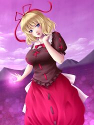 bad_id bad_pixiv_id black_shirt blonde_hair blue_eyes eyelashes female hair_ribbon huge_breasts lips looking_at_viewer medicine_melancholy mochi.f poison red_ribbon red_skirt short_hair solo_female thighs touhou wavy_hair