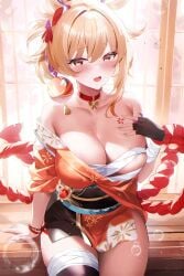 1girls big_breasts blonde_hair blush choker cleavage collarbone fantongjun female female_only genshin_impact indoors japanese_clothes large_breasts looking_at_viewer sitting solo solo_female sweat tattoo thick voluptuous yellow_eyes yoimiya_(genshin_impact)