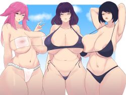 3girls alternate_version_available areola_slip areolae bikini bikini_bottom bikini_top female female_only genshin_impact goddess hair hands_behind_head kujou_sara long_hair looking_at_viewer mature mature_female multiple_girls perselon pink_hair purple_bikini purple_eyes purple_hair raiden_shogun short_hair skimpy skimpy_bikini swimsuit swimwear thick_thighs thighs white_bikini yae_miko yellow_eyes