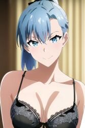 1girls ai_generated alluring blue_eyes blue_hair bra female female_only kawasaki_saki matching_hair/eyes my_teen_romantic_comedy_snafu ponytail solo