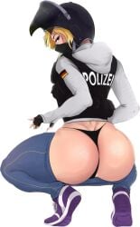 1girls ass big_ass blonde_hair blue_eyes body_armor clothing female female_only footwear german_flag germany headwear helmet human iq_(rainbow_six) pale_skin panties polizei rainbow_six rainbow_six_siege solo thong tiptoes transparent_background