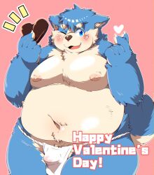 2023 anthro asian_clothing belly big_belly blue_body blue_eyes blush candy canid canine canis chocolate clothing dessert domestic_dog east_asian_clothing english_text fat_man food fundoshi heart hi_res holidays japanese_clothing kemono male mammal moobs navel nipples one_eye_closed overweight overweight_male simple_background solo text tsurugi underwear valentine's_day white_clothing white_fundoshi white_underwear wink