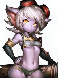 1girls armpits belly belly_button big_ears breasts cameltoe cannon clothing ear_piercing eyewear eyewear_on_head female female_only fumio_(rsqkr) gloves goggles goggles_on_head green_panties gun hand_on_hip holding_weapon humanoid league_of_legends looking_at_viewer navel nipples nipples_visible_through_clothing panties purple_skin ranged_weapon shortstack silver_hair skimpy skimpy_clothes small_breasts solo solo_female thighs tristana weapon white_hair yordle