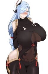 1girls alternate_version_available big_breasts blue_eyes blush breasts clothing female female_only genshin_impact hair hair_ornament hair_over_one_eye hands_on_breasts hips huge_breasts light_blue_hair long_hair mature mature_female perselon shenhe_(genshin_impact) smile solo solo_female