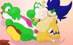 age_difference anal anal_juice anal_sex animal_genitalia anthro birdofanatic bodily_fluids digital_media_(artwork) duo erection from_front_position gay genital_fluids genital_slit genitals hi_res interspecies koopa koopaling ludwig_von_koopa lying male male/male mario_(series) missionary_position nintendo on_back open_mouth penetration precum scalie sex simple_background size_difference slit stae super_mario_bros. yoshi young younger_male