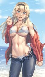 bikini black_hairband black_pants blonde_hair blue_eyes blush day female groin hair_between_eyes hairband highres jacket kantai_collection kokuzou long_hair looking_at_viewer navel ocean open_clothes open_jacket open_mouth pants red_jacket solo swimsuit warspite_(kantai_collection) white_bikini