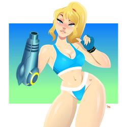 1girls 2022 arm_cannon big_breasts blonde_hair blue_eyes blush cleavage fingerless_glove freckles freckles_on_nose heart_tattoo hourglass_figure looking_at_viewer metroid mole_under_mouth nightlyneu nintendo ponytail samus_aran solo sports_bikini sports_bra