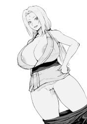 1girls ahemaru areolae big_breasts breasts busty female_focus female_only hand_on_hip hourglass_figure huge_breasts innie_pussy kimono looking_at_viewer low_twintails mature mature_female monochrome naruto naruto_(classic) naruto_(series) naruto_shippuden nipples no_bra no_panties no_underwear pants pants_down puffy_nipples puffy_pussy shounen_jump smile solo solo_focus standing thick_thighs tied_hair tsunade twintails voluptuous voluptuous_female wide_hips