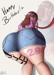 1girls all_fours ass brown_hair clothing female female_only happy_birthday heart leash leg_strap long_hair looking_at_viewer looking_back looking_back_at_viewer o-ring pov qiyarts red_eyes shorts solo tiffany_(thiccwithaq) very_high_resolution white_background