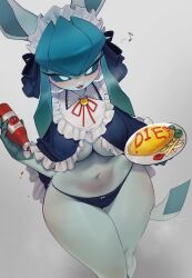 1girls anthro big_breasts blush breasts death_threat eeveelution female female_only food furry glaceon heavy_blush looking_at_viewer maid maid_headdress maid_outfit nintendo pokémon_(species) pokemon pokemon_unite pokemorph smiling smiling_at_viewer solo tea_party_style_glaceon yuio