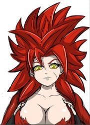 big_breasts dragon_ball dragon_ball_super dragon_ball_xenoverse dragon_ball_z golden_eyes inbetweengamer kari_(inbetweengamer) oc original_character pressing_breasts_together red_hair scar_on_face smile smiling_at_viewer super_saiyan_4 touching_breast