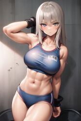 abs ai_generated blue_eyes girls_und_panzer grey_hair itsumi_erika muscles