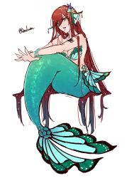 1girls alternate_form big_breasts breasts brown_eyes cleavage devil文 erza_scarlet fairy_tail fish_girl fish_tail full_body green_tail long_hair mermaid mermaid_girl mermaid_position mermaid_tail mermaid_transformation red_hair tattoo