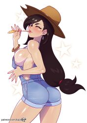 2022 2d big_breasts black_hair blush bracelet brown_eyes cowboy_hat cowgirl cowgirl_outfit earring farmer's_tan final_fantasy final_fantasy_vii freckles freckles_on_chest freckles_on_shoulders holding_wheat kajin_(kajinman) kajinman long_black_hair long_hair looking_back_at_viewer naked_overalls overalls overalls_only patreon_url ponytail sideboob square_enix tifa_lockhart wheat wheat_in_mouth wholesome wink winking_at_viewer