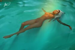 1girls ahsoka_tano alien alien_girl athletic_female closed_eyes female female_only floating large_breasts mironishin naked nude nude_female orange_skin skinny_dipping solo star_wars star_wars_rebels swimming text togruta