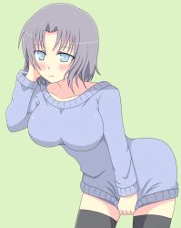 1girls female fully_clothed hartman_hips hips hourglass_figure ichiryuu_tsumiki large_breasts looking_at_viewer medium_hair senran_kagura simple_background solo sweater sweater_tug thighhighs wide_hips yumi_(senran_kagura) zettai_ryouiki