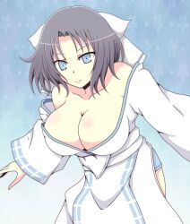 1girls blue_eyes cleavage female ichiryuu_tsumiki large_breasts light-skinned_female light_skin medium_hair senran_kagura simple_background solo white_clothing yumi_(senran_kagura)