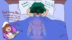 1boy 1boy1girl 1girls 2girls ashido_mina ass bed bed_sheet bedroom blowjob blush blush_lines boku_no_hero_academia brown_hair butt deku fellatio female green_hair hearts_around_head hidden_sex izuku_midoriya male male/female messy_hair midoriya_izuku mina_ashido my_hero_academia no_panties ochako_uraraka oral oral_sex penis_in_mouth pillows pink_body pink_hair pink_skin pleasure_castle shounen_jump socks soup stealth_blowjob stealth_fellatio stealth_oral stealth_sex under_covers under_the_covers uraraka_ochako