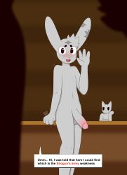 absurd_res anthro balls blush blush_lines faceless_anthro faceless_character fur genitals girly grey_body grey_fur hi_res humanoid_genitalia humanoid_penis lagomorph leporid male mammal max_draws motion_lines nervous_smile ninjin_(ninjin_clash_of_carrots) nude penis rabbit solo speech_bubble standing text