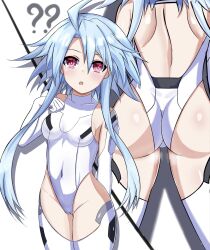 arm_behind_back arm_up ass bare_back bare_shoulders bare_thighs behind_view blanc blue_hair bodysuit cpu_(neptunia) elbow_gloves female_only front_view goddess light-skinned_female looking_at_viewer neptunia_(series) open_mouth power_symbol-shaped_pupils red_eyes shiny_hair short_hair short_hair_with_long_locks small_breasts solo spiky_hair stiris_rangetsu white_heart