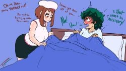 1boy 1boy1girl 2girls ashido_mina bed bedroom blush blush_lines boku_no_hero_academia brown_eyes brown_hair cap curvy deku female green_eyes green_hair hidden_sex izuku_midoriya light-skinned_female light-skinned_male light_skin looking_at_another male male/female midoriya_izuku mina_ashido my_hero_academia ochako_uraraka pillows pleasure_castle shounen_jump stealth_fellatio stealth_oral uraraka_ochako