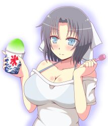 1girls blue_eyes cleavage female fully_clothed ice_cream ichiryuu_tsumiki large_breasts light_skin looking_at_viewer medium_hair senran_kagura simple_background smile solo spoon yumi_(senran_kagura)