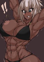 ! 1girls abs armpits arms_up biceps big_breasts bikini bra bra_busting clothed dark-skinned_female dark_skin facial_markings female female_only large_areolae looking_down muscular_arms muscular_female muscular_thighs nipple original_character partially_clothed shiny_skin smile solo solo_female solo_focus tagme thick_thighs tomboy trembling underboob wardrobe_malfunction white_hair wide_hips zinga_(zokusuke) zokusuke