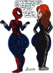 2girls ass ass_comparison big_ass big_butt bodysuit dat_ass daughter dialogue fat_ass female female_only fully_clothed krytenmarkgen-0 large_ass marvel marvel_comics mary_jane_watson mayday_parker milf mother mother_and_daughter pawg red_hair spider-girl spider-man_(series) superheroine