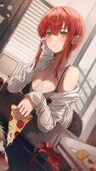 1boy 1girls 9ujin big_breasts chainsaw_man cleavage denji_(chainsaw_man) female female_focus femdom looking_at_viewer makima_(chainsaw_man) mappa pizza red_hair