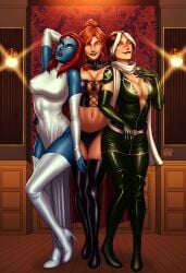 2dnsfw 2dswirl 3girls big_breasts biting_lip black_queen blue-skinned_female blue_skin cleavage female female_only fit fit_female hair_bun hi_res high_heels highres human implied_hypnosis jean_grey light-skinned_female light_skin long_hair looking_at_viewer marvel marvel_comics mother_and_daughter mystique non-nude red_eyes red_hair rogue_(x-men) skimpy_clothes skin_tight sky unzipped x-men