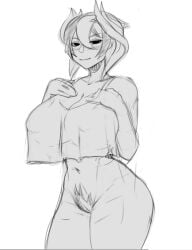 big_breasts bottomless cleavage crop_top curvy elmonoart female female_only hourglass_figure huge_breasts looking_at_viewer made_in_abyss monochrome no_bra ozen pubic_hair rough_sketch see-through_clothing short_hair sketch smile tank_top thick_thighs topwear topwear_only wide_hips