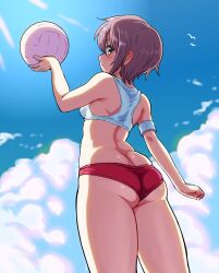 1girls ass ass_cleavage ass_focus beach big_ass bikini blue_sky blush booty_shorts brown_eyes clothed cloud day endless_eight female from_behind from_below goodsleepy2 gussuripii highres holding_object looking_at_viewer looking_back mismatched_bikini nagato_yuki neutral_expression outdoors purple_hair red_bikini shiny_ass short_hair short_shorts small_breasts solo solo_female standing summer suzumiya_haruhi_no_yuuutsu sweatband swimsuit tight_clothing volleyball white_top white_topwear