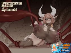 1girl 1girls arm_support aroused artist_logo artist_name bare_hips black_legwear black_leotard breast_expansion brown_eyes brown_theme comic covered_nipples crossed_legs curvy dot_nose dragon_girl dragon_wings dungeon english_text female horns huge_breasts huge_nipples indoors light_brown_hair medium_hair milk_flaker on_side open_mouth original patreon_logo patreon_username pointy_ears puffy_nipples rolling_eyes see-through_leotard shiny_skin sidelocks single_bare_shoulder single_pauldron subscribestar_logo subscribestar_username sweatdrop swept_bangs tail tearing_up teeth tentacle tentacle_grab thick_eyebrows thick_eyelashes thick_thighs thigh_boots twitter_logo twitter_username uncensored wardrobe_malfunction watermark web_address wide_hips wings